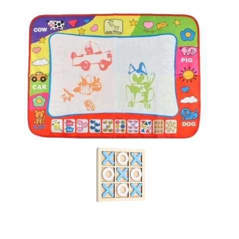 JOCURI ȘI JUCĂRII - Pachet educativ pentru copii – covoras de desen cu apa si joc X si 0 din lemn