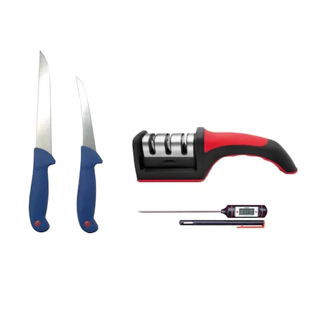 Cutite si tacamuri - Set 2 cutite profesionale de macelarie,1 ascutitor de cutite + 1 termometru alimentar cu tija