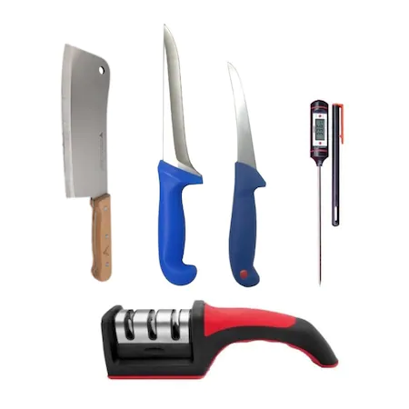 Cutite si tacamuri - Set 2 cutite profesionale macelarie,1 satar bucatar,1 ascutitor de cutite + 1 termometru alimentar