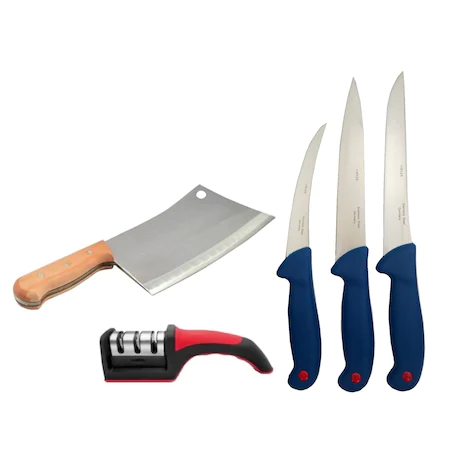 Cutite si tacamuri - Set 3 cutite profesionale de macelarie,satar macelar + ascutitor universal de cutite