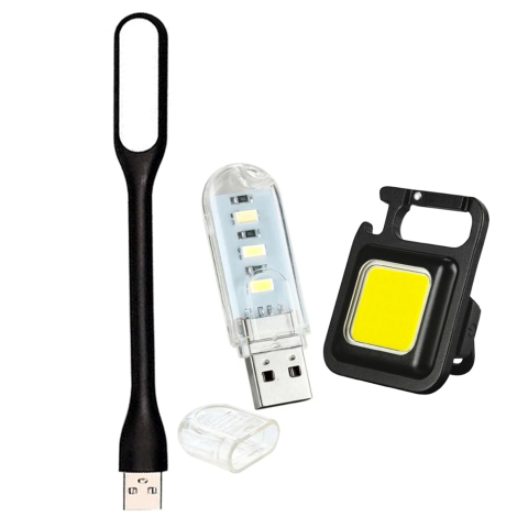 Pachet iluminare versatil 3 in 1 – lampa USB flexibila neagra 16.8 cm + mini lampa USB 3 LED + lanterna COB 800lm reincarcabila Type-C cu magnet si clips