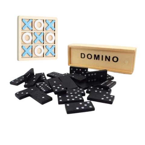 Pachet jocuri clasice din lemn – joc X si 0 si domino clasic