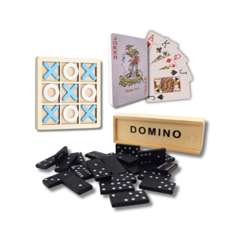 Pachet jocuri de familie – joc X si 0 din lemn, domino clasic si carti de joc