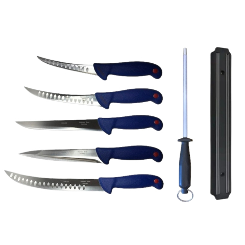 Cutite si tacamuri - Pachet profesional pentru macelarie, dezosat, injunghiat, transat, filetat, 5 cutite, suport magnetic, masat pentru ascutit