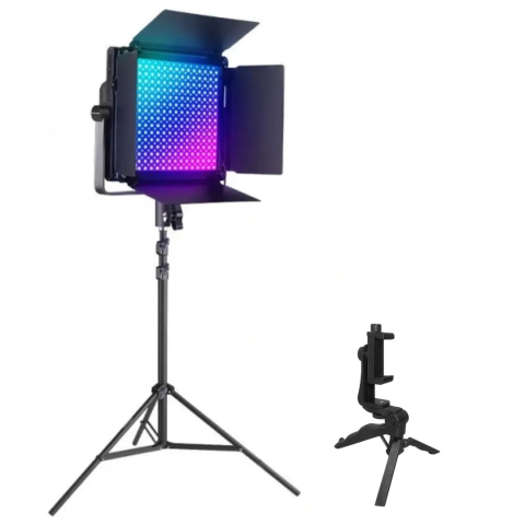 Trepiezi - Pachet RBG1200 Lampa Video LED RGB 60W 2500K-8500K, control APP, iluminare profesionala pentru fotografie si streaming, trepied reglabil si mini trepied incluse
