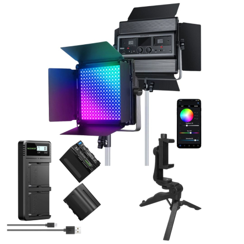 ECHIPAMENTE FOTO - Pachet RBG1200 Lampa Video LED RGB 60W 2500K-8500K cu 2 baterii NP-F970, incarcator rapid dual si mini trepied inclus