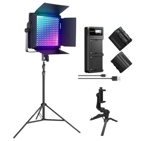 ECHIPAMENTE FOTO - Pachet RBG1200 Lampa Video LED RGB 60W 2500K-8500K cu trepied profesional, 2 baterii NP-F970, incarcator rapid dual si mini trepied inclus