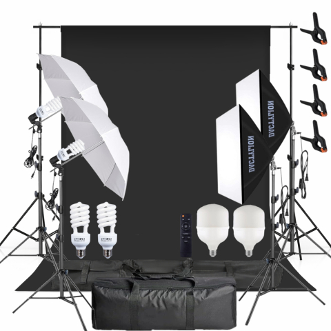 Kit studio complet - Pachet studio foto video cu fundal negru, iluminare LED 150W 5500K cu telecomanda, 2 softboxuri, 2 umbrele si stative reglabile 200 cm