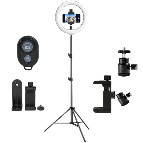 Pachet vlogging pentru telefon cu trepied reglabil 200 cm, ring light LED cu telecomanda, suport telefon rotativ 360°, brat metalic cu hot shoe si telecomanda Bluetooth pentru filmari si fotografii