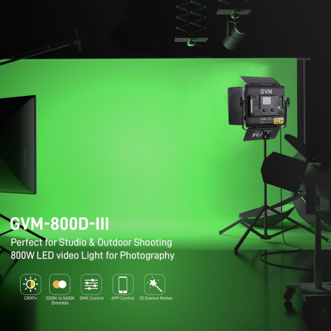 Panou LED RGB profesional GVM 800D III cu stativ inclus, 19500 Lux/0.5 m, 3200K-5600K, CRI97+, Bluetooth, 20 efecte speciale, pentru studio foto si video [6]