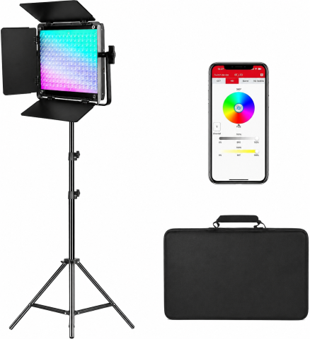 Iluminat LED - Panou LED RGB profesional GVM 800D III cu stativ inclus, 19500 Lux/0.5 m, 3200K-5600K, CRI97+, Bluetooth, 20 efecte speciale, pentru studio foto si video
