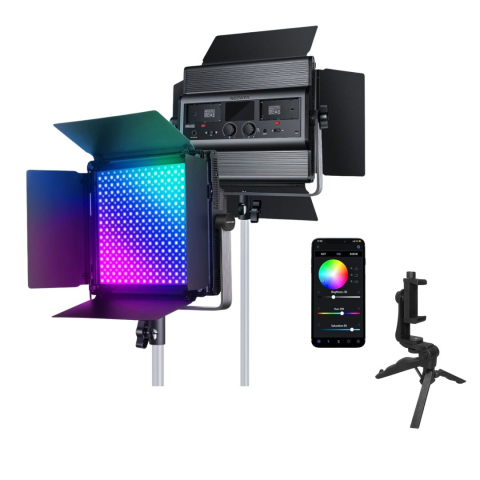 Panou LED RGB profesional pentru studio si streaming, lumina reglabila 2500K-8500K, control prin aplicatie, 60W, mini trepied inclus