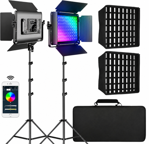 ECHIPAMENTE FOTO - Panou video GVM RGB cu Softbox, Set 2 x LED 45W, 15000 Lux/0.5 m, CRI97+, 3200K-5600K, Control prin aplicatie, 2 stative, geanta transport