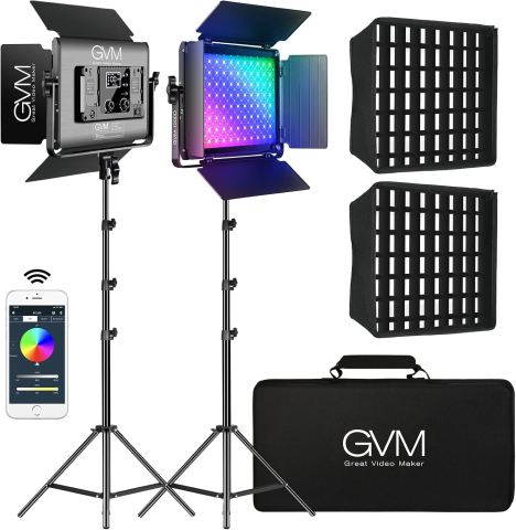Panou video GVM RGB cu Softbox, Set 2 x LED 45W, 15000 Lux/0.5 m, CRI97+, 3200K-5600K, Control prin aplicatie, 2 stative, geanta transport [8]