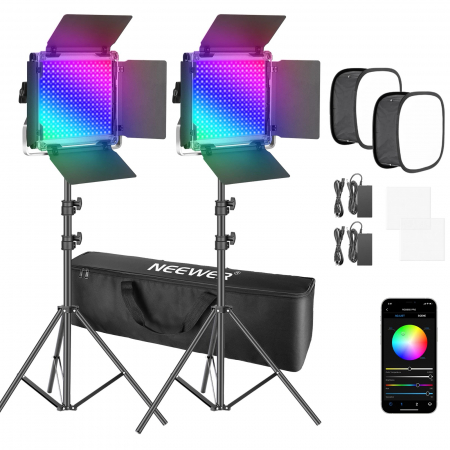 Panouri Led - Kit 2 Panouri Neewer RGB 530 LED,trepiezi 200 cm inclusi,2x difuzor softbox pentru lumina + geanta transport