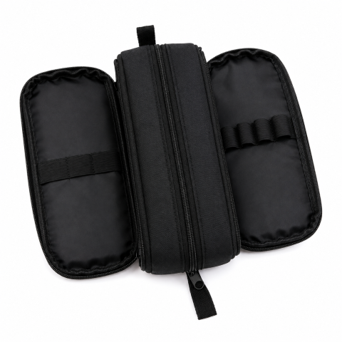 Diverse accesorii papetarie - Penar negru 22 x 10 x 6 cm, neechipat, compartimentat, cu fermoar si benzi elastice pentru pixuri, creioane si rechizite scolare