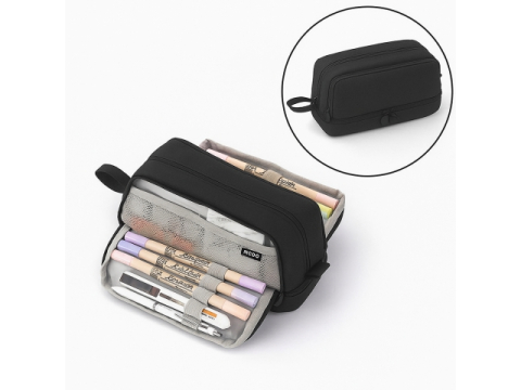 Penar negru 22 x 10 x 6 cm, neechipat, compartimentat, cu fermoar si benzi elastice pentru pixuri, creioane si rechizite scolare [3]