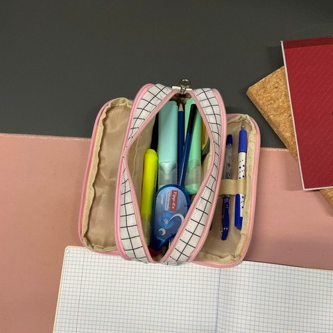 Penar scolar extensibil cu 3 compartimente, model alb-negru in carouri, organizator rechizite si accesorii, 26 x 9 x 7.5 cm [6]