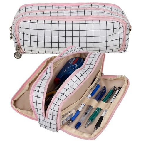 PAPETARIE & BIROTICA - Penar scolar extensibil cu 3 compartimente, model alb-negru in carouri, organizator rechizite si accesorii, 26 x 9 x 7.5 cm