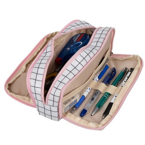 Penar scolar extensibil cu 3 compartimente, model alb-negru in carouri, organizator rechizite si accesorii, 26 x 9 x 7.5 cm [4]