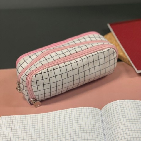Penar scolar extensibil cu 3 compartimente, model alb-negru in carouri, organizator rechizite si accesorii, 26 x 9 x 7.5 cm [8]