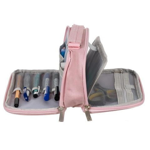 Penar scolar multifunctional cu organizare pe doua niveluri, buzunare interioare si suport pentru instrumente de scris, roz, 23 x 11 x 7 cm [3]