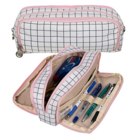 Penar scolar neechipat, 3 compartimente, buzunare interioare, suporturi pentru pixuri, Oxford, model carouri alb/negru/roz [8]