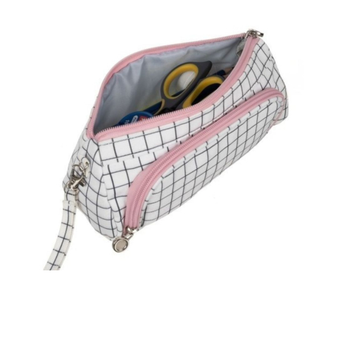 Penar textil pentru rechizite cu model alb in carouri, compartiment dublu si prindere cu carabina, 22 cm [2]