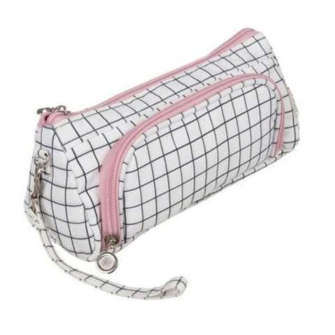 PAPETARIE & BIROTICA - Penar textil pentru rechizite cu model alb in carouri, compartiment dublu si prindere cu carabina, 22 cm