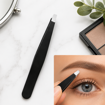 Penseta cosmetica neagra 9.6 x 1 x 0.4 cm, otel inoxidabil, varf drept plat si lat pentru prindere ferma, conturarea sprancenelor si indepartarea firelor nedorite [1]