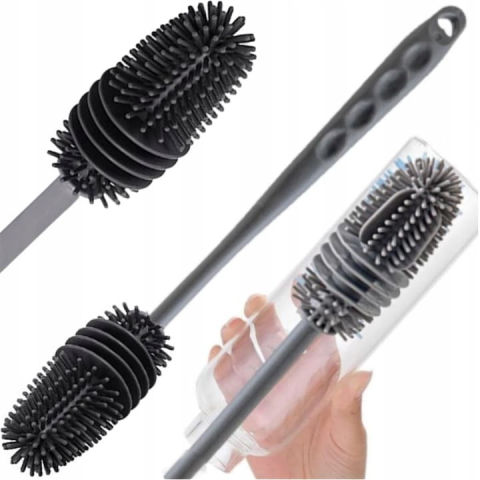 CASA & GRADINA - Perie pentru curatare sticle, pahare, borcane, vaze, silicon/plastic, gri, 32.5 x 3 cm