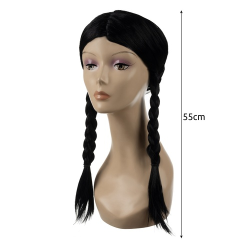 Peruca feminina lunga pentru costume si petreceri tematice, doua codite impletite, par sintetic negru, 55 cm [4]
