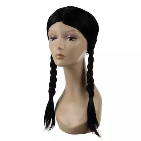 JOCURI ȘI JUCĂRII - Peruca feminina lunga pentru costume si petreceri tematice, doua codite impletite, par sintetic negru, 55 cm