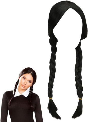 Peruca feminina lunga pentru costume si petreceri tematice, doua codite impletite, par sintetic negru, 55 cm [11]