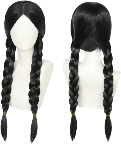 Peruca feminina lunga pentru costume si petreceri tematice, doua codite impletite, par sintetic negru, 55 cm [12]