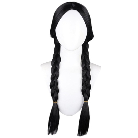 Peruca feminina lunga pentru costume si petreceri tematice, doua codite impletite, par sintetic negru, 55 cm [1]