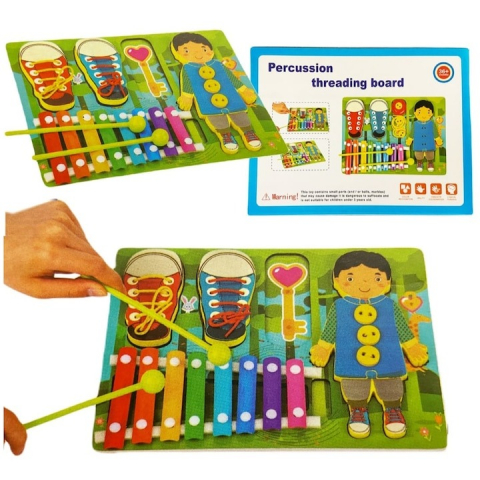Jucării educative - Placa multifunctionala de joc pentru copii 4in1, xilofon, orificii pentru pantofi, sireturi, 30x23x3 cm - Multicolor