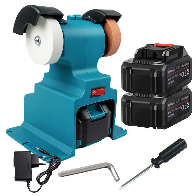 Unelte & Scule Garaj - Polizor de banc albastru 21 x 17 x 13 cm, cu acumulator, 2 baterii 3000mAh, 2 discuri 70 mm, 0-6000 RPM, pentru ascutire si slefuire