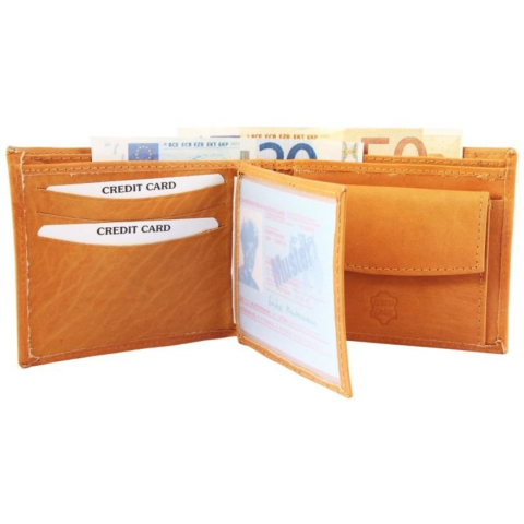 Portofel barbati, portocaliu 12 x 9 x 2 cm din piele naturala de vita, pliabil, 6 sloturi carduri, compartimente pentru bancnote, monede si fermoar [2]