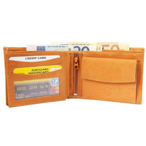 Portofel barbati, portocaliu 12 x 9 x 2 cm din piele naturala de vita, pliabil, 6 sloturi carduri, compartimente pentru bancnote, monede si fermoar [3]