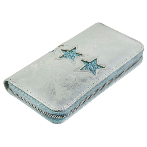 CADOURI - Portofel dama albastru 19 x 10 x 3 cm din imitatie de piele, finisaj metalic cu stele, 8 sloturi carduri, 3 spatii bancnote si compartiment monede