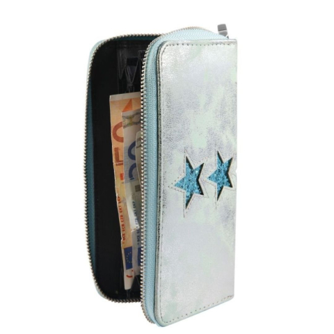 Portofel dama albastru 19 x 10 x 3 cm din imitatie de piele, finisaj metalic cu stele, 8 sloturi carduri, 3 spatii bancnote si compartiment monede [3]