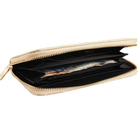 Portofel dama auriu 19 x 10 x 3 cm din imitatie de piele, model cu sclipici stele, 8 sloturi pentru carduri, buzunar monede si 3 spatii bancnote [1]