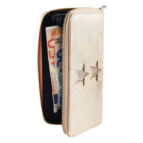 Portofel dama auriu 19 x 10 x 3 cm din imitatie de piele, model cu sclipici stele, 8 sloturi pentru carduri, buzunar monede si 3 spatii bancnote [2]