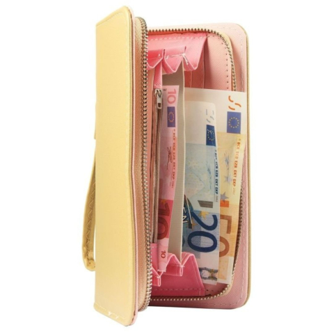 Portofel dama galben 21 x 11 x 2 cm din imitatie de piele, model incapator cu 12 sloturi carduri, 3 spatii bancnote, compartiment monede si fermoar [3]