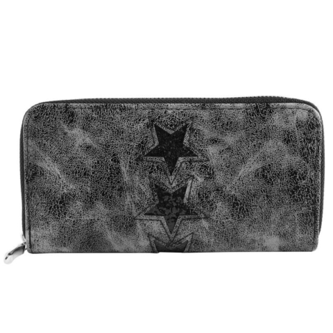 Portofel dama gri inchis 19 x 10 x 3 cm din imitatie de piele cu sclipici stele, 8 sloturi carduri, buzunar monede si 3 spatii pentru bancnote [1]