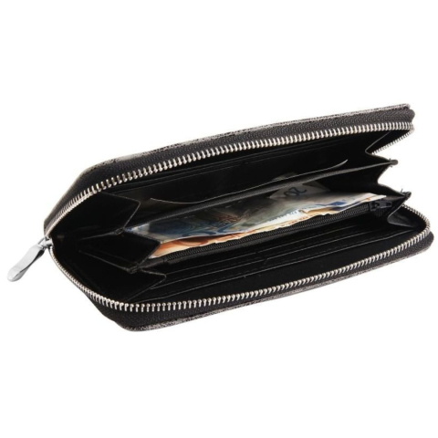 Portofel dama gri inchis 19 x 10 x 3 cm din imitatie de piele cu sclipici stele, 8 sloturi carduri, buzunar monede si 3 spatii pentru bancnote [2]