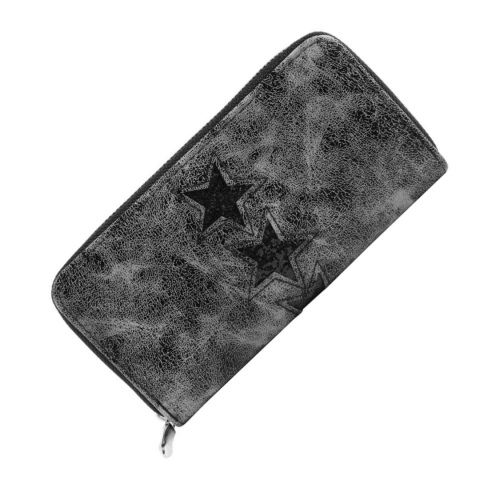 CADOURI - Portofel dama, gri inchis 19 x 10 x 3 cm din imitatie de piele, finisaj metalic cu stele, 8 sloturi carduri, 3 compartimente bancnote si fermoar