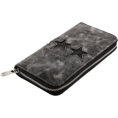 Portofel dama, gri inchis 19 x 10 x 3 cm din imitatie de piele, finisaj metalic cu stele, 8 sloturi carduri, 3 compartimente bancnote si fermoar [2]