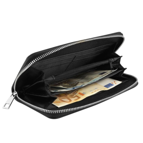 Portofel dama negru 19 x 10 cm din imitatie de piele, model orizontal cu fermoar, 8 sloturi carduri, 5 compartimente bancnote si buzunar monede [1]